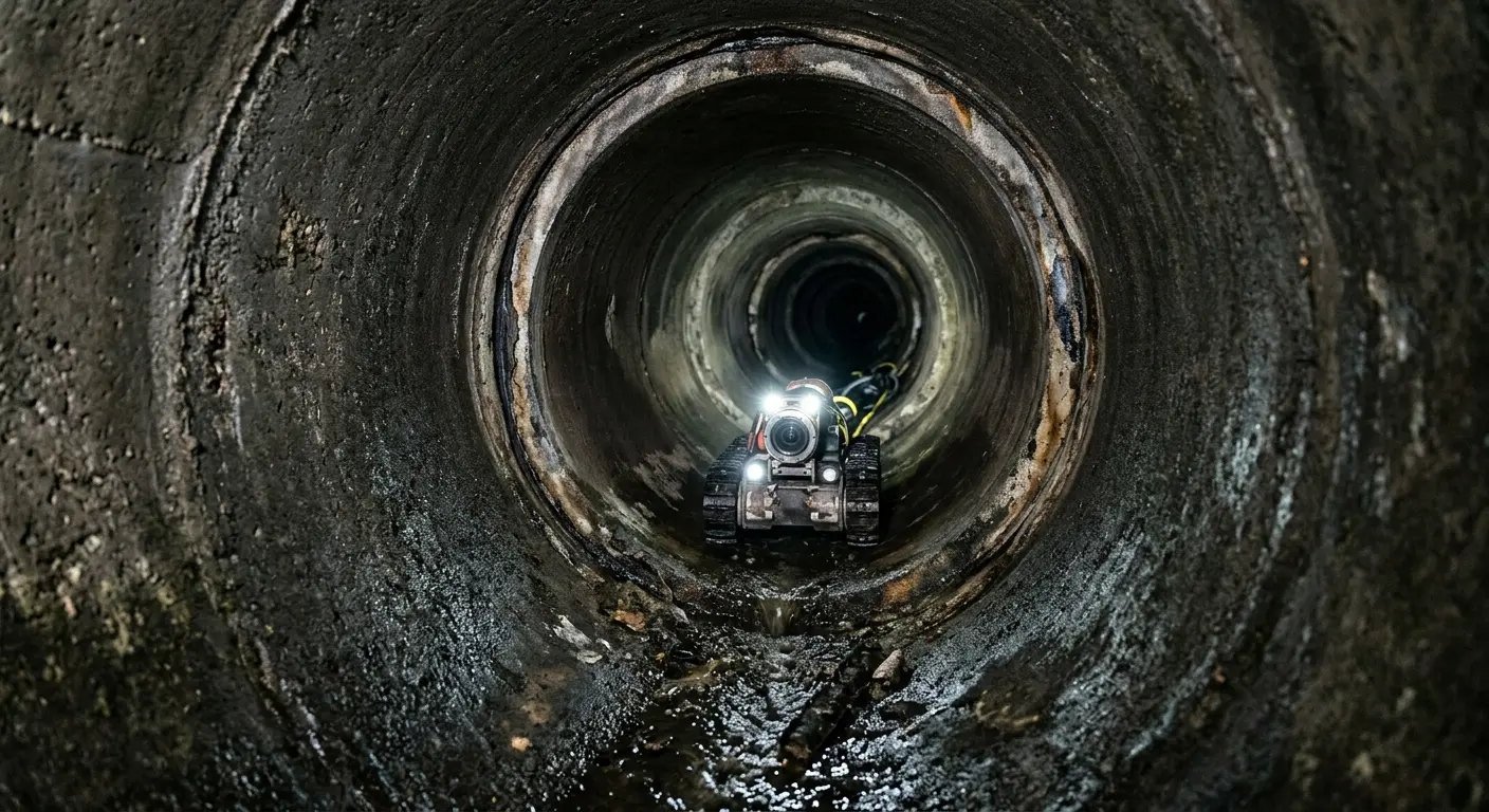 Robotic sewer camera inspecting pipe interior for Sewer Line Cleaning in Homeland