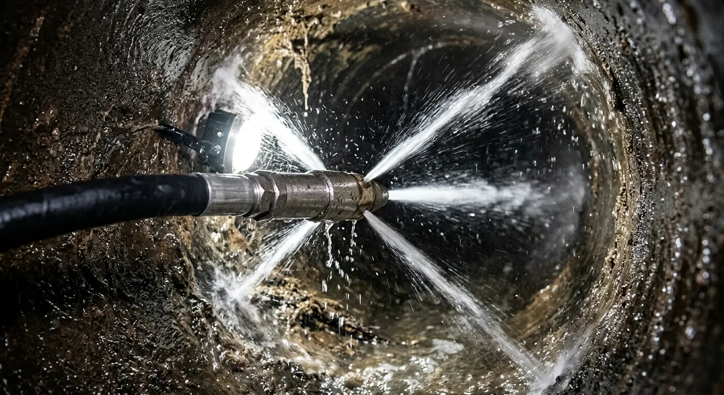 High-pressure hydro jetting nozzle cleaning sewer pipe for Trenchless Sewer Repair in Homeland