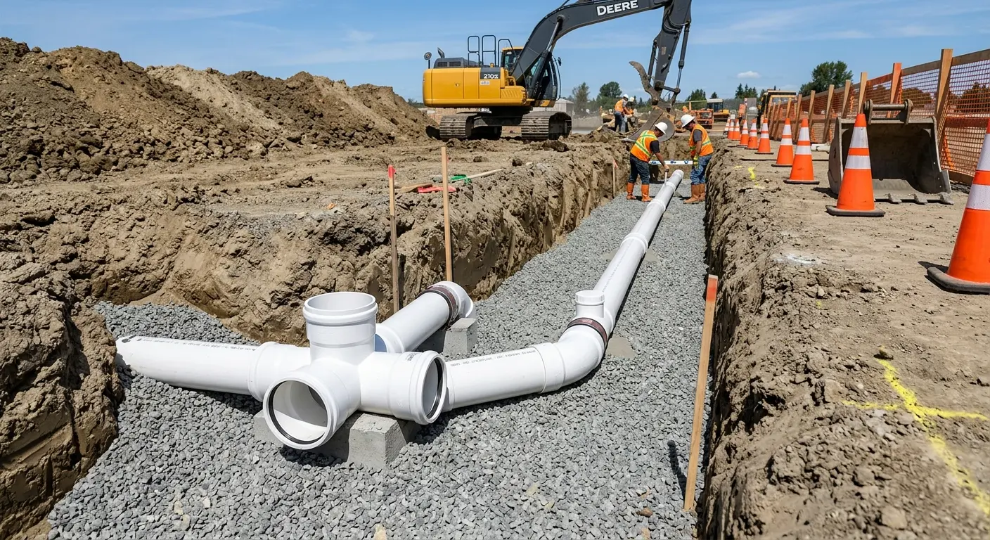 New PVC sewer pipe installation in open trench for Sewer Backup in Homeland