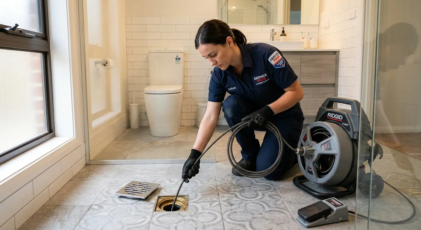 Technician clearing a bathroom floor drain for Drain Cleaning in Homeland